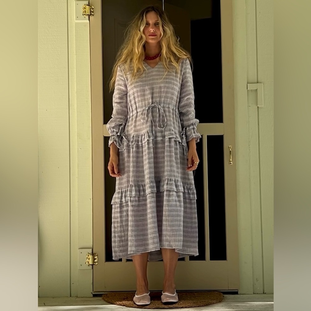 Majula Handmade Linen Plaid Tiered Maxi Dress with Tie Waist Christy Dawn